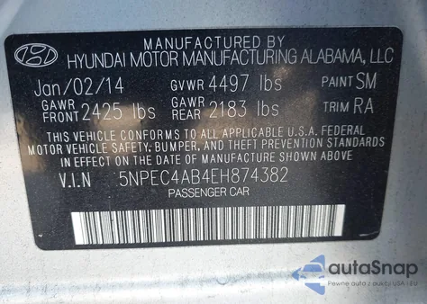 2014 Hyundai Sonata Se 2.0T from USA, damaged, VIN 5NPEC4AB4EH874382